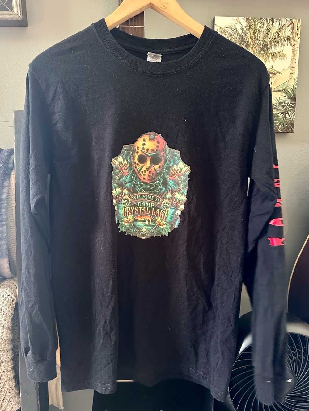 Black Long-Sleeve Horror Graphic Tee with Multicolor Camp Design